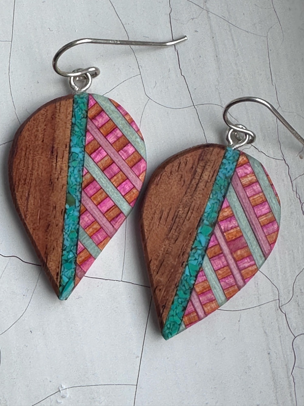 Teardrop Wood Inlay Earrings in Pink, Turquoise and Natural - Handmade Jewelry